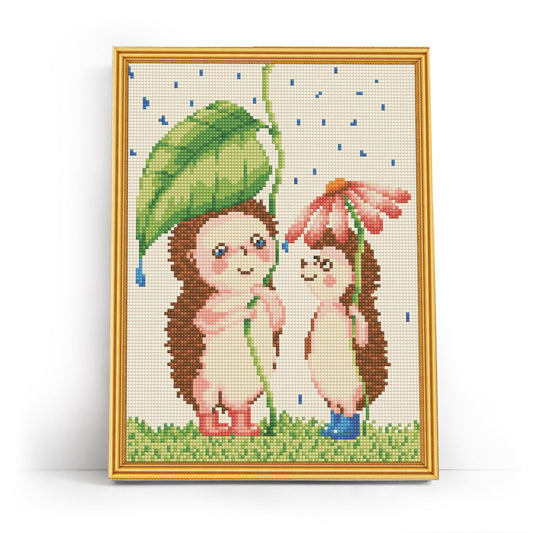 Diamond painting - LE033e - Hedgehogs and rain Image 1