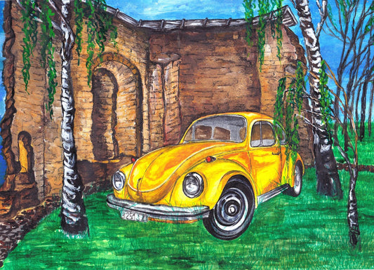 Diamond painting - LE039e - Yellow Car Among the Birches Image 1